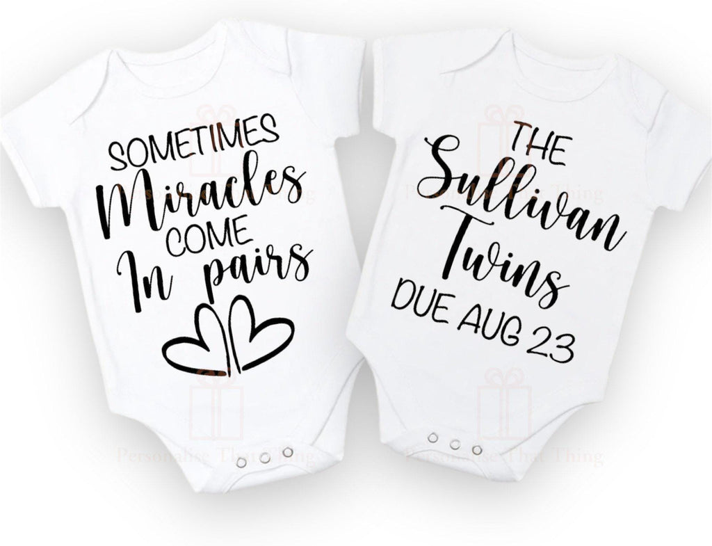 Twins miracles come in pairs 2 baby personalised pregnancy announcement onesies