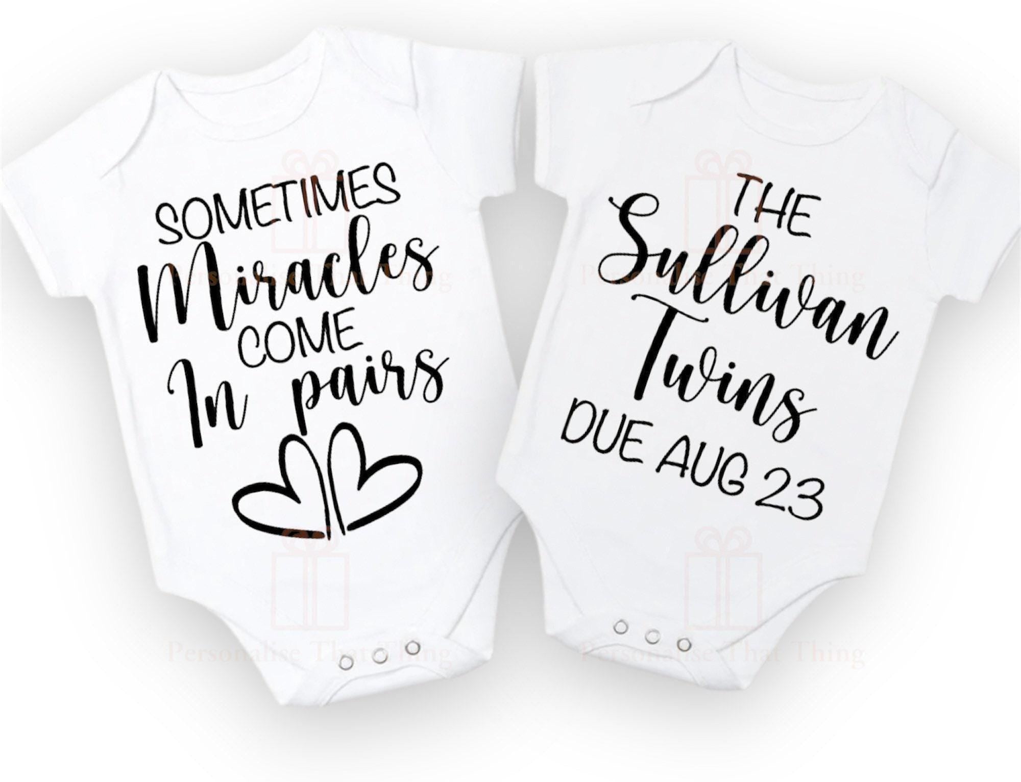 Twins miracles come in pairs 2 baby personalised pregnancy announcement onesies