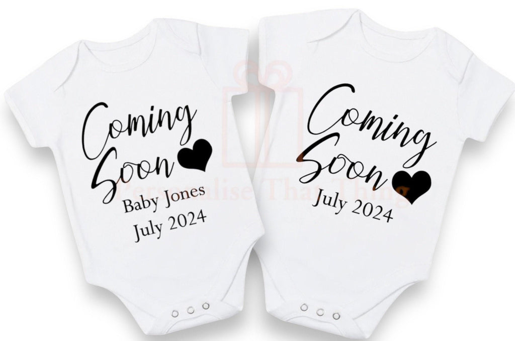 Coming soon personalised name pregnancy announcement baby bodysuit