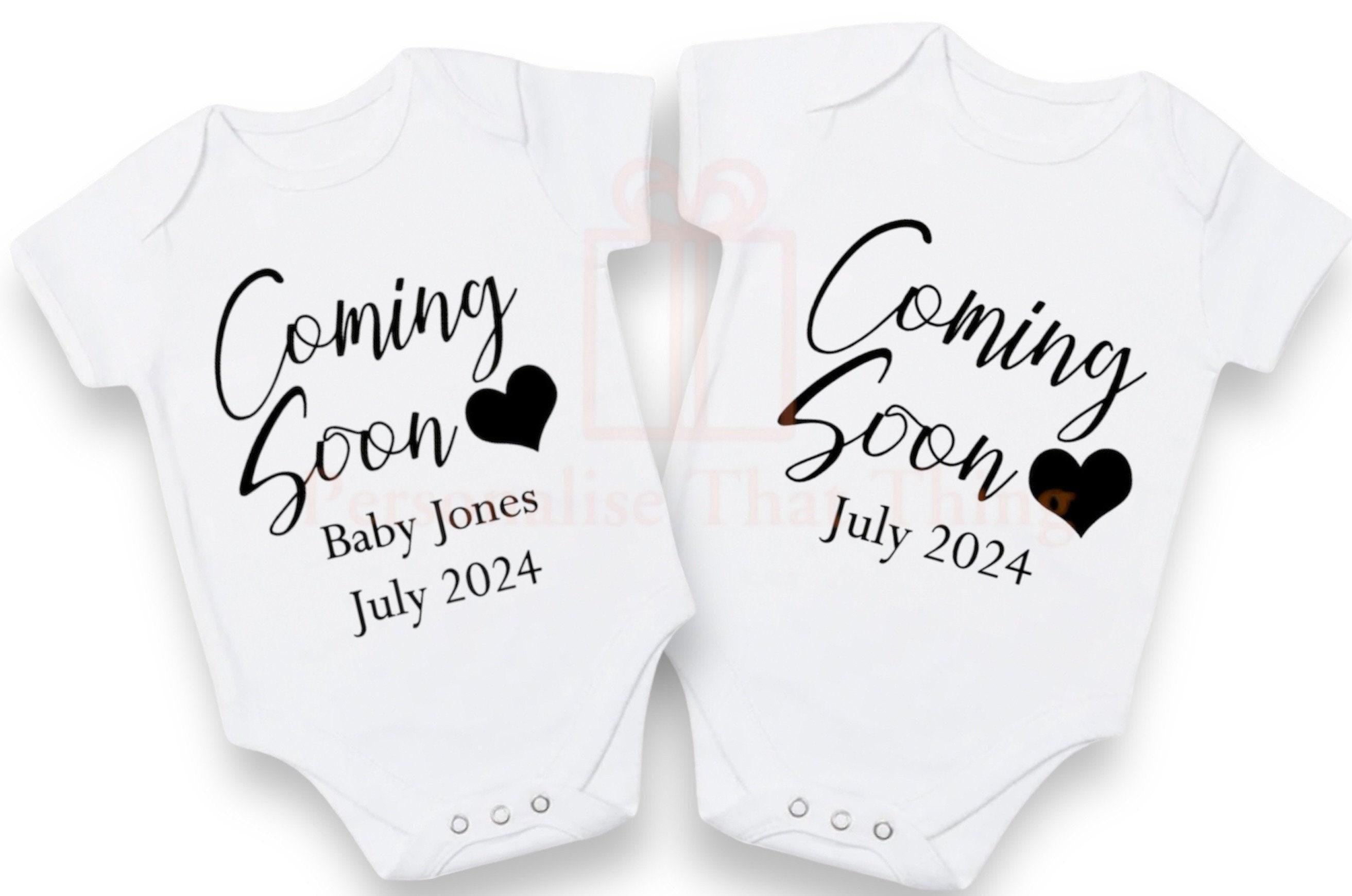 Coming soon personalised name pregnancy announcement baby bodysuit