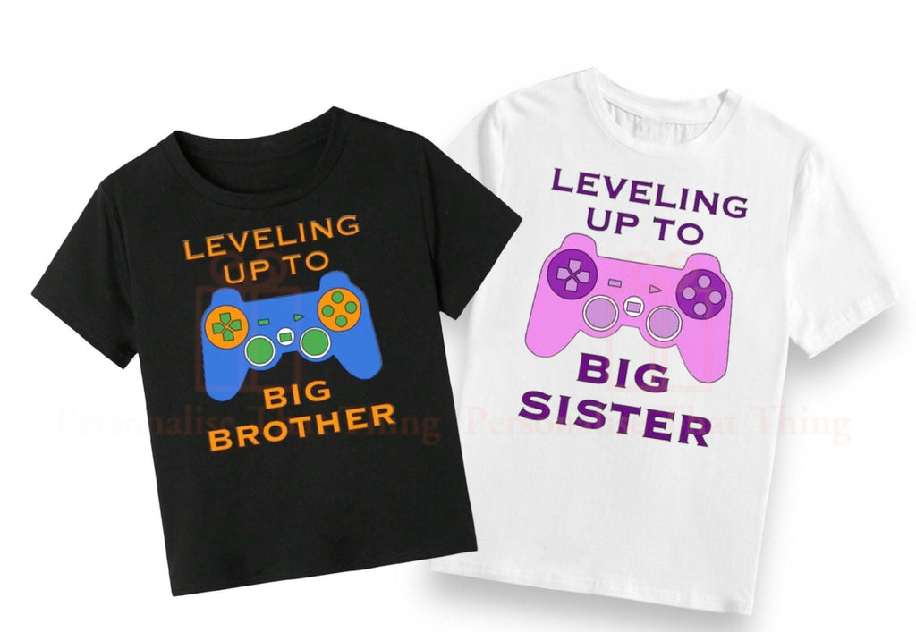Leveling up to Big Brother / Sister gaming controller pregnancy announcement Tshirt / baby onesie