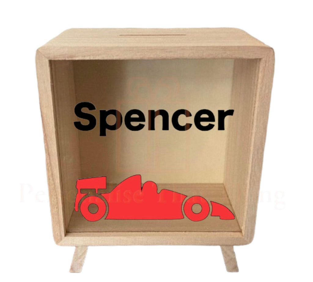 Personalised name wooden money box - Princess - dinosaur - unicorn - digger - sunflower - butterfly - concrete truck - race car - army