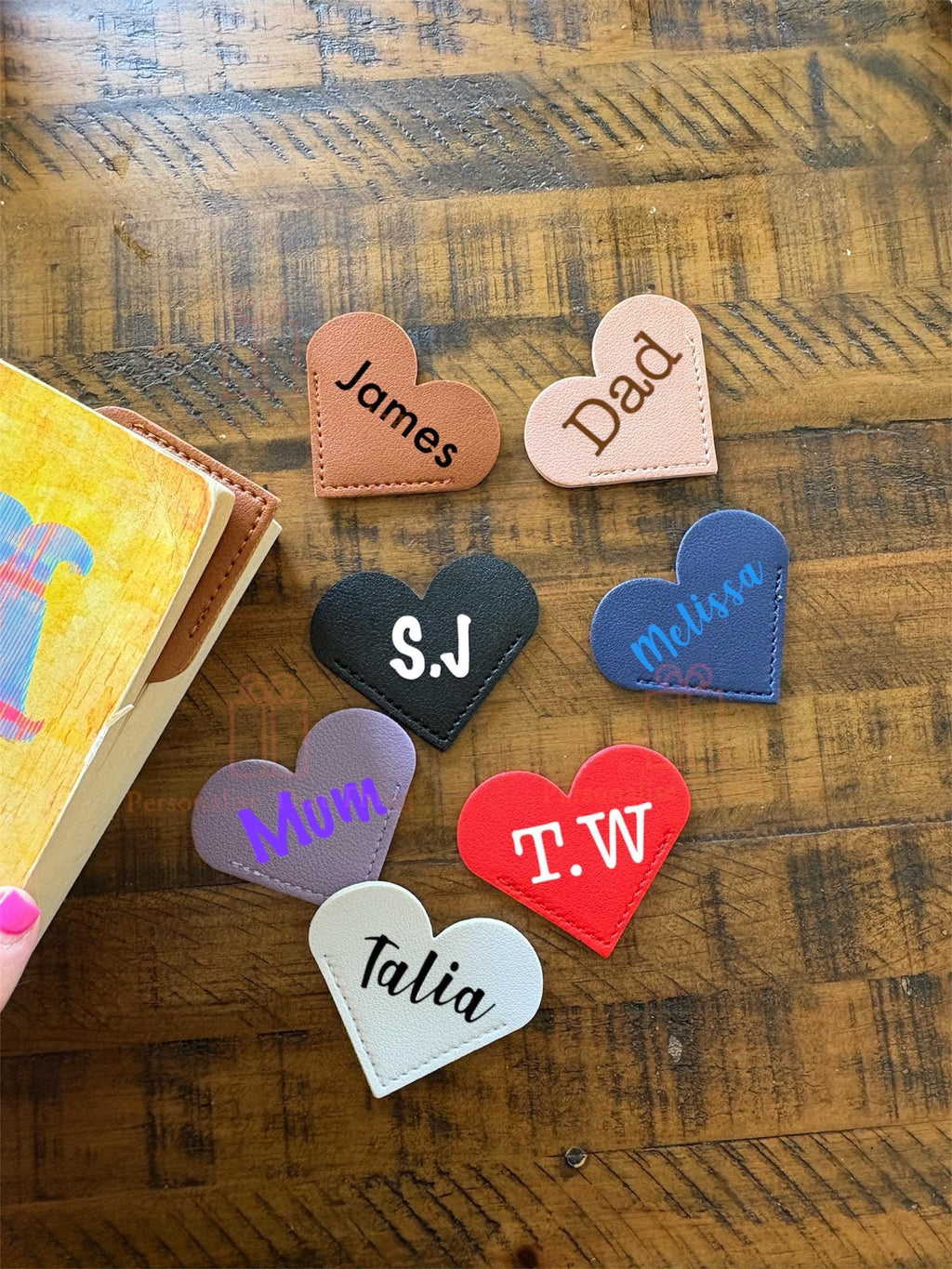 Love heart faux leather personalised page corner bookmark