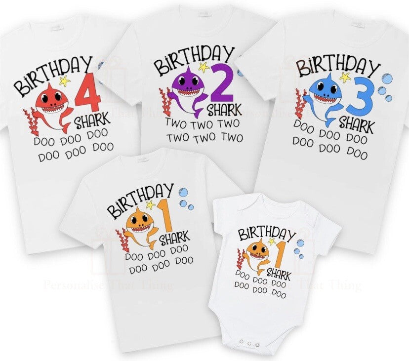 Birthday shark matching family personalised birthday tshirts / baby bodysuit