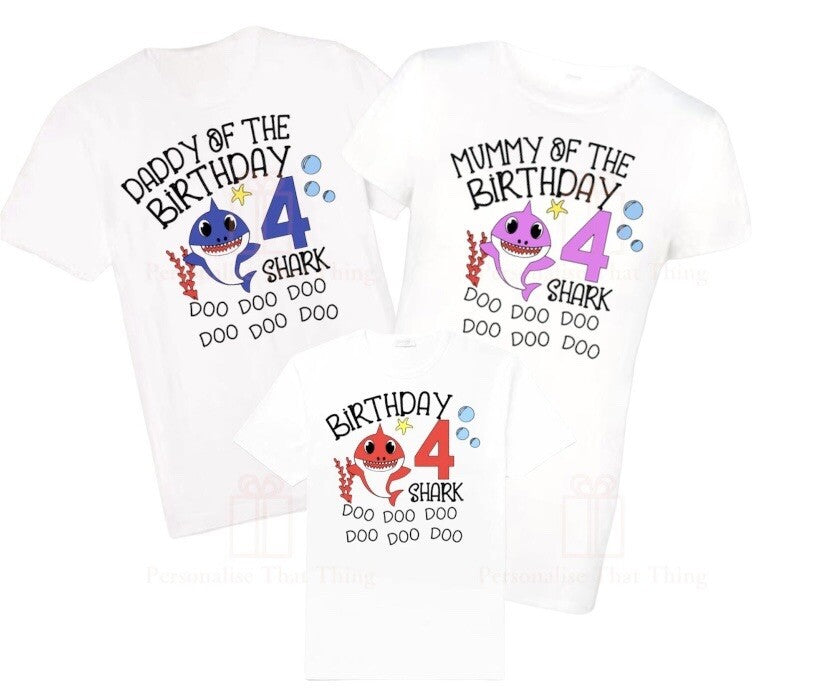 Birthday shark matching family personalised birthday tshirts / baby bodysuit