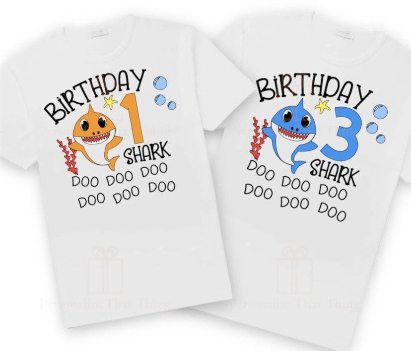 Birthday shark matching family personalised birthday tshirts / baby bodysuit