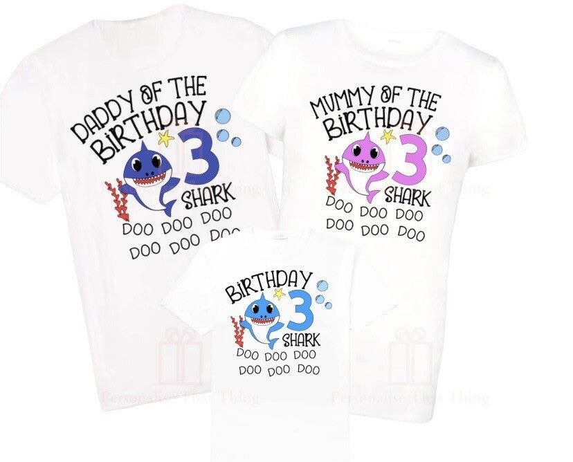 Birthday shark matching family personalised birthday tshirts / baby bodysuit