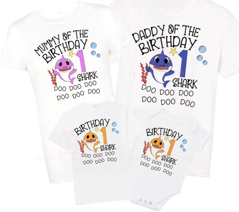 Birthday shark matching family personalised birthday tshirts / baby bodysuit