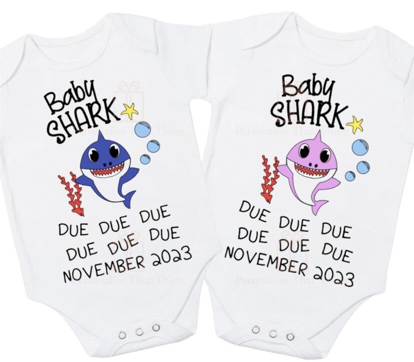 Baby shark personalised pregnancy announcement baby bodysuit